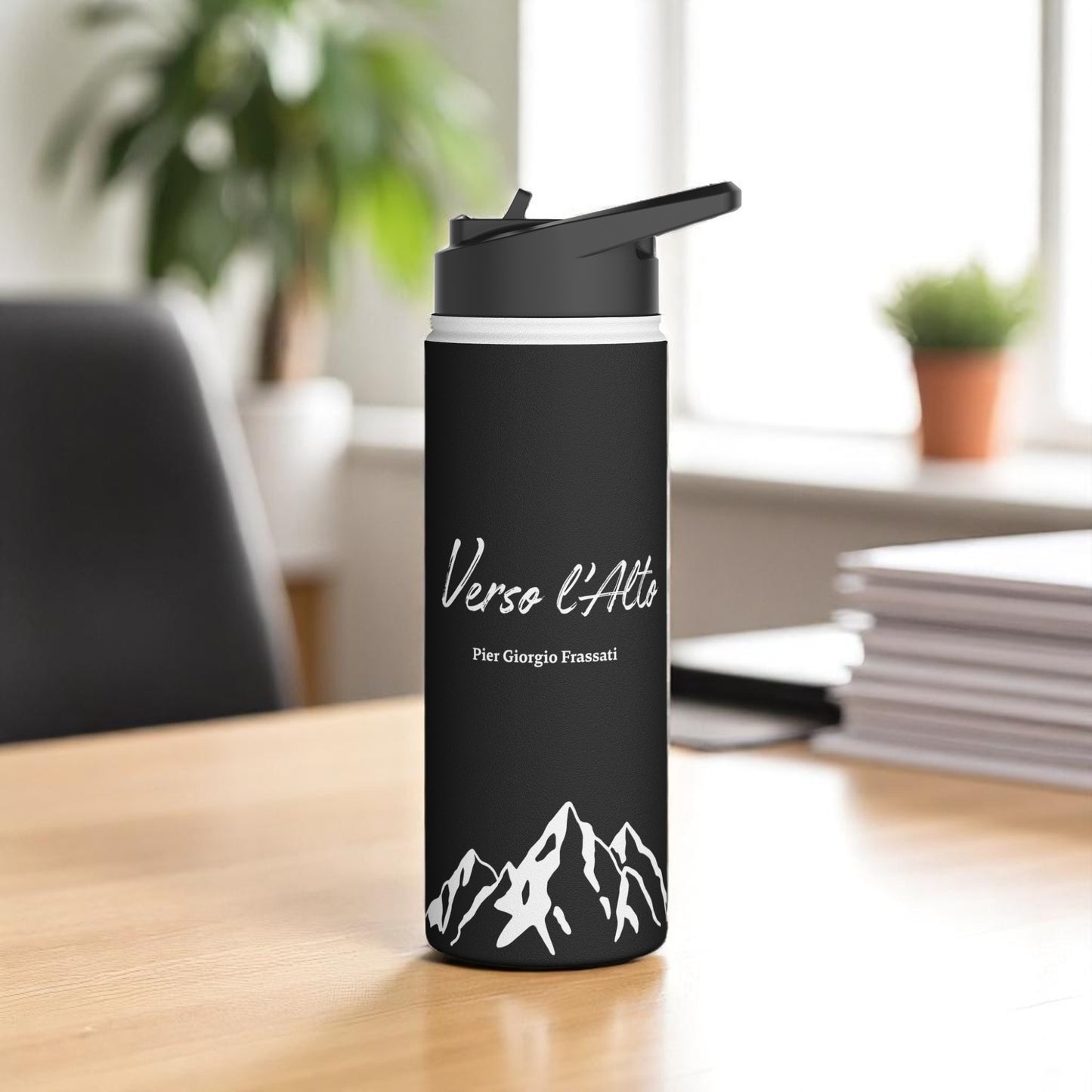 Verso l'Alto Black Stainless Steel Water Bottle with straw