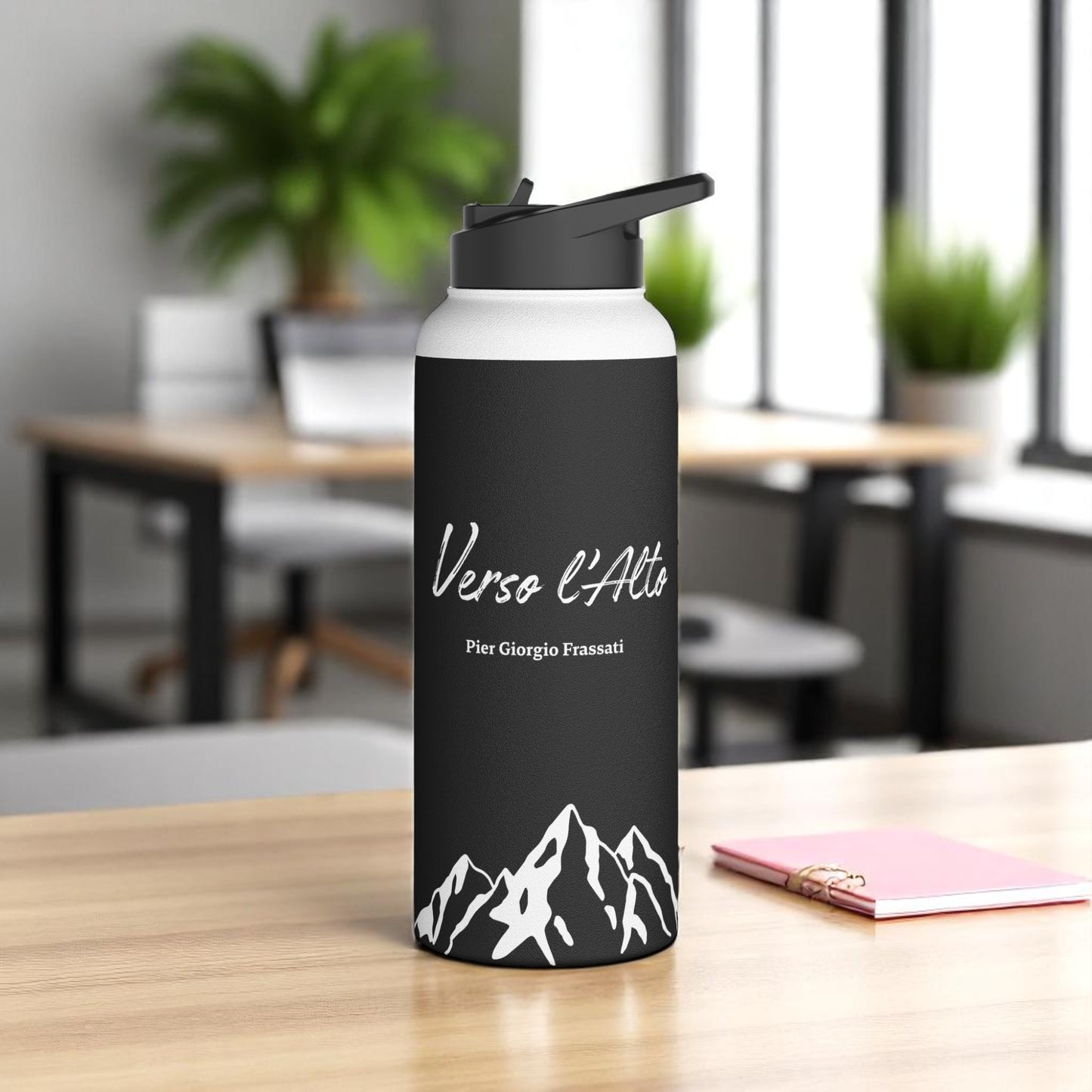 Verso l'Alto Black Stainless Steel Water Bottle with straw