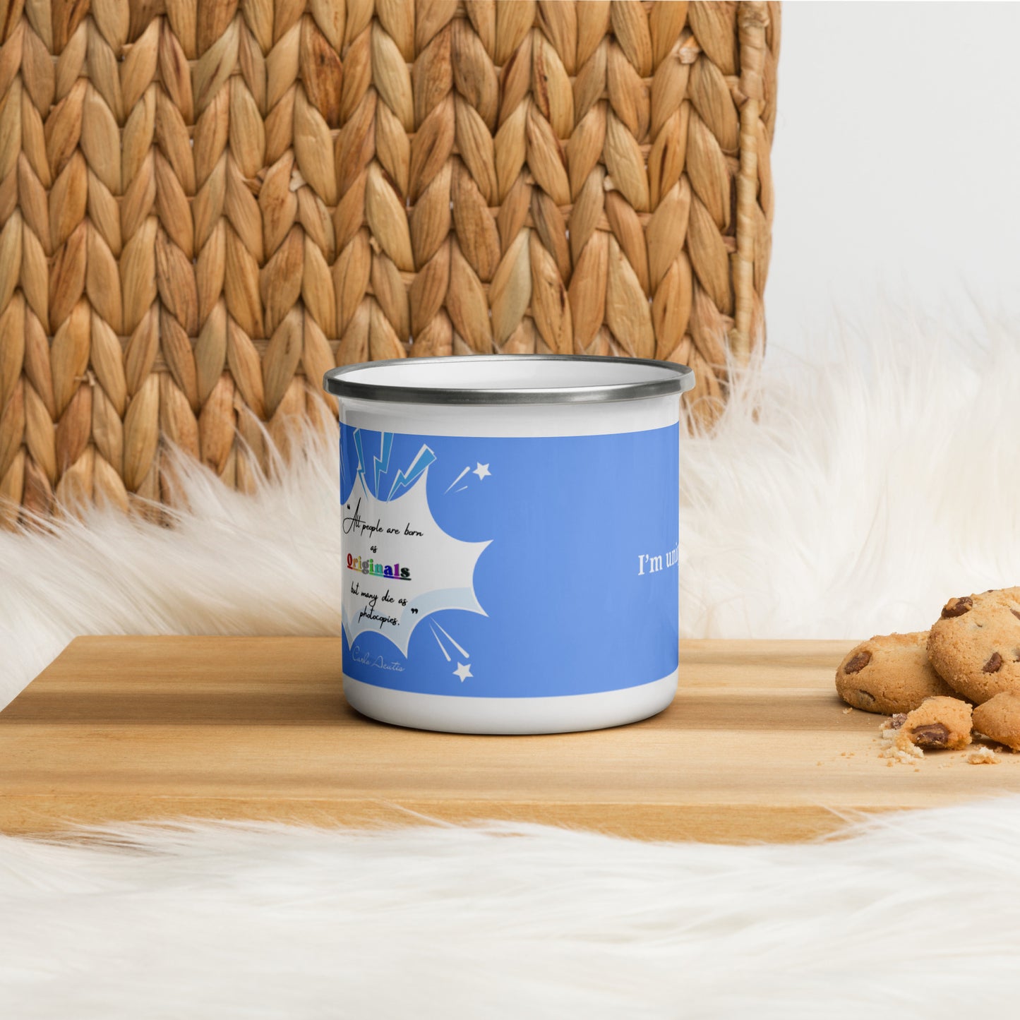 Mug émaillé Carlo Acutis bleu clair (droitier.e)