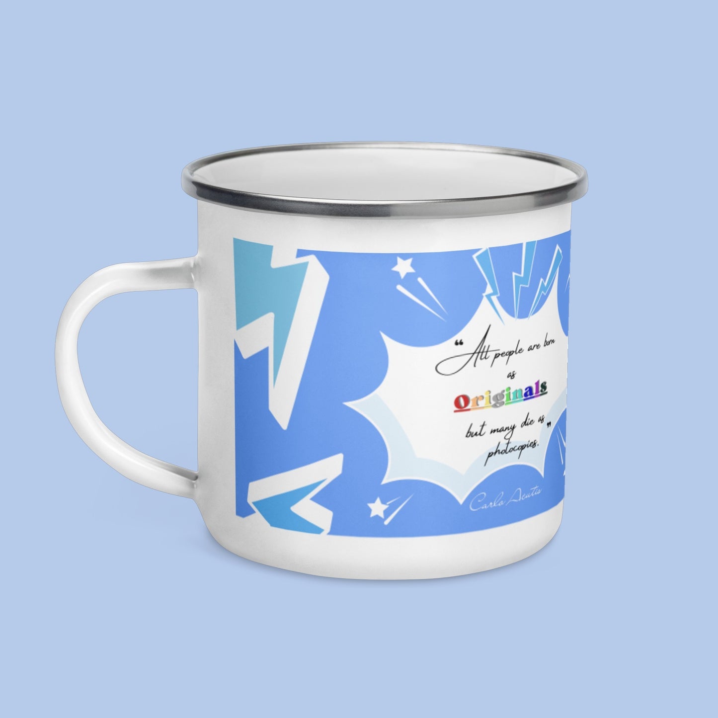 Mug émaillé Carlo Acutis bleu clair (droitier.e)