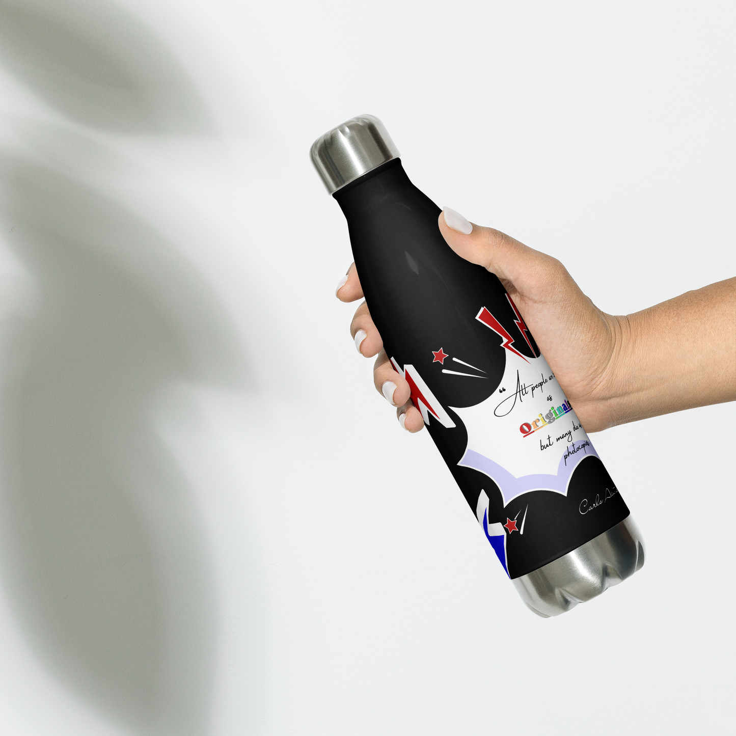 Bouteille Isotherme en Acier Inoxydable – 500 ml – Citation de Carlo Acutis | “Tous naissent comme des originaux, mais beaucoup meurent comme des photocopies.” (Noir)