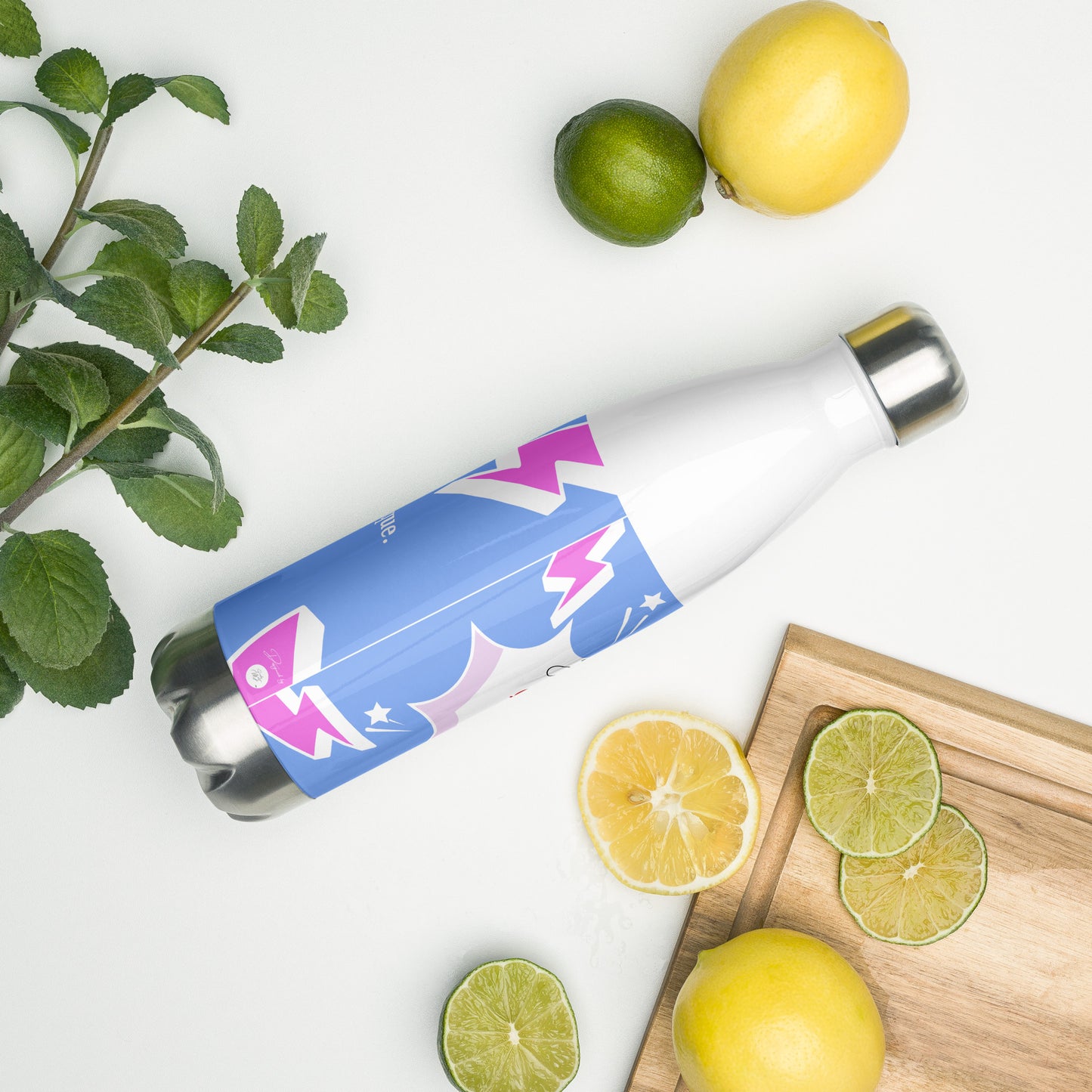 Bouteille Isotherme en Acier Inoxydable – 500 ml – Citation de Carlo Acutis | “Tous naissent comme des originaux, mais beaucoup meurent comme des photocopies.” (bleu ciel - rose)