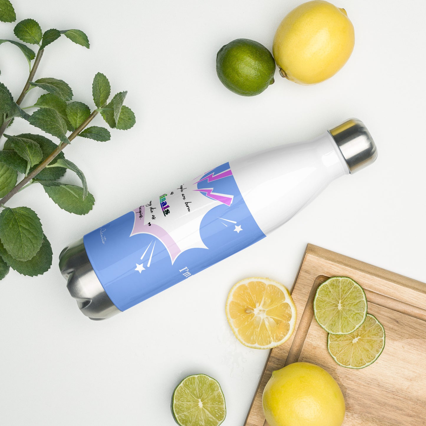 Bouteille Isotherme en Acier Inoxydable – 500 ml – Citation de Carlo Acutis | “Tous naissent comme des originaux, mais beaucoup meurent comme des photocopies.” (bleu ciel - rose)