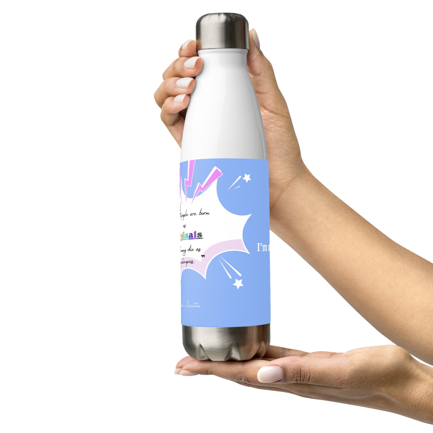 Bouteille Isotherme en Acier Inoxydable – 500 ml – Citation de Carlo Acutis | “Tous naissent comme des originaux, mais beaucoup meurent comme des photocopies.” (bleu ciel - rose)