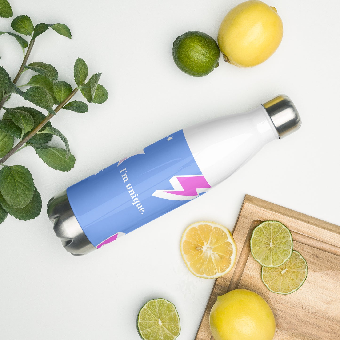 Bouteille Isotherme en Acier Inoxydable – 500 ml – Citation de Carlo Acutis | “Tous naissent comme des originaux, mais beaucoup meurent comme des photocopies.” (bleu ciel - rose)