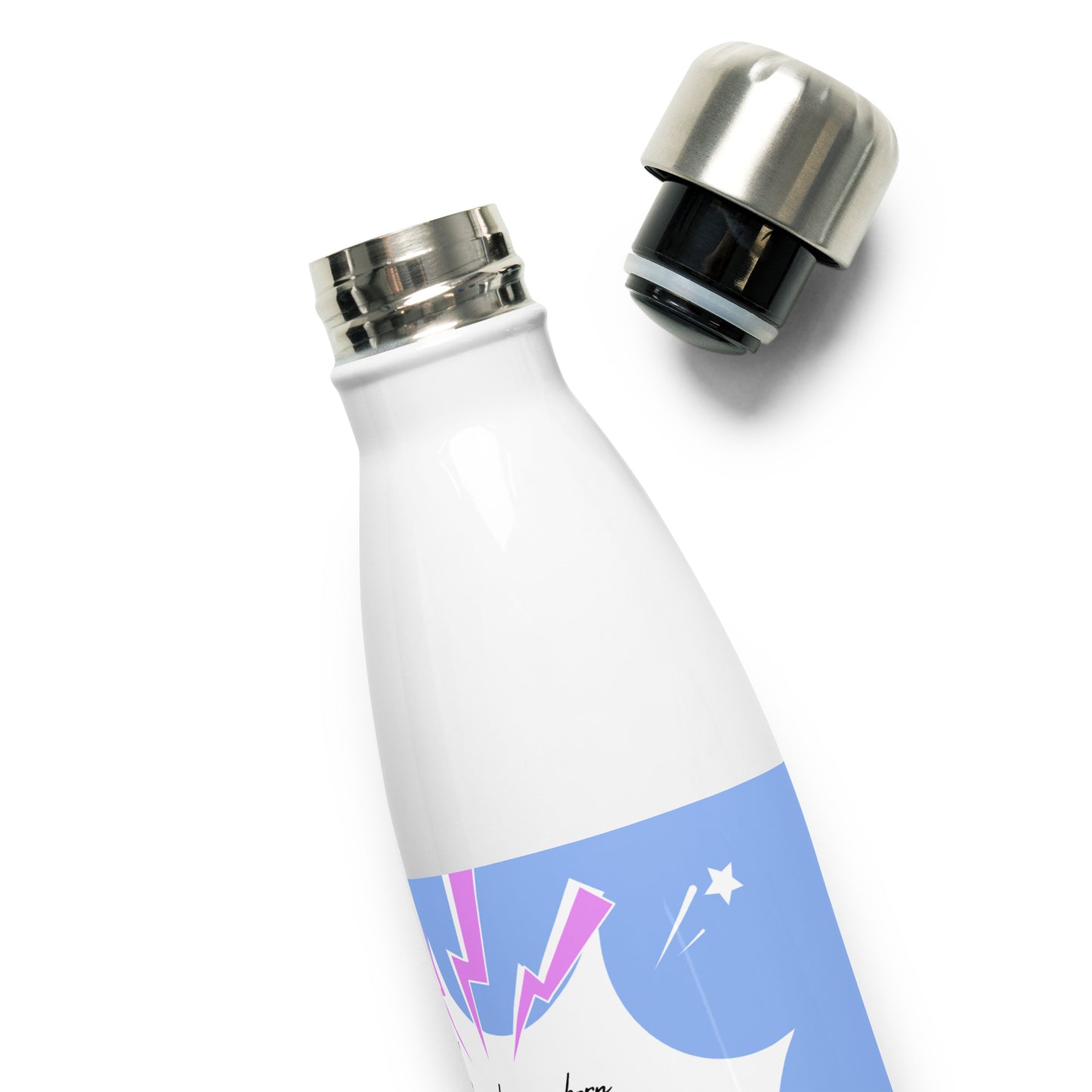 Bouteille Isotherme en Acier Inoxydable – 500 ml – Citation de Carlo Acutis | “Tous naissent comme des originaux, mais beaucoup meurent comme des photocopies.” (bleu ciel - rose)