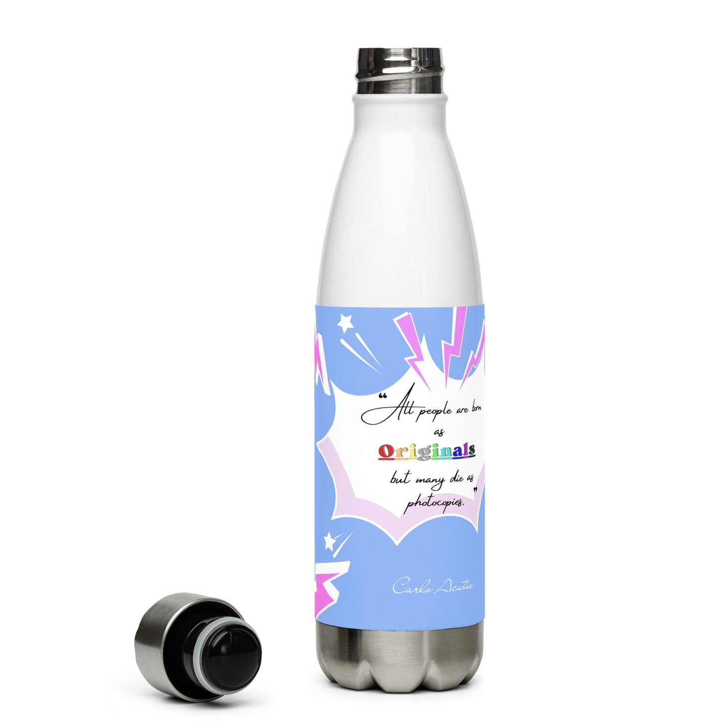 Bouteille Isotherme en Acier Inoxydable – 500 ml – Citation de Carlo Acutis | “Tous naissent comme des originaux, mais beaucoup meurent comme des photocopies.” (bleu ciel - rose)