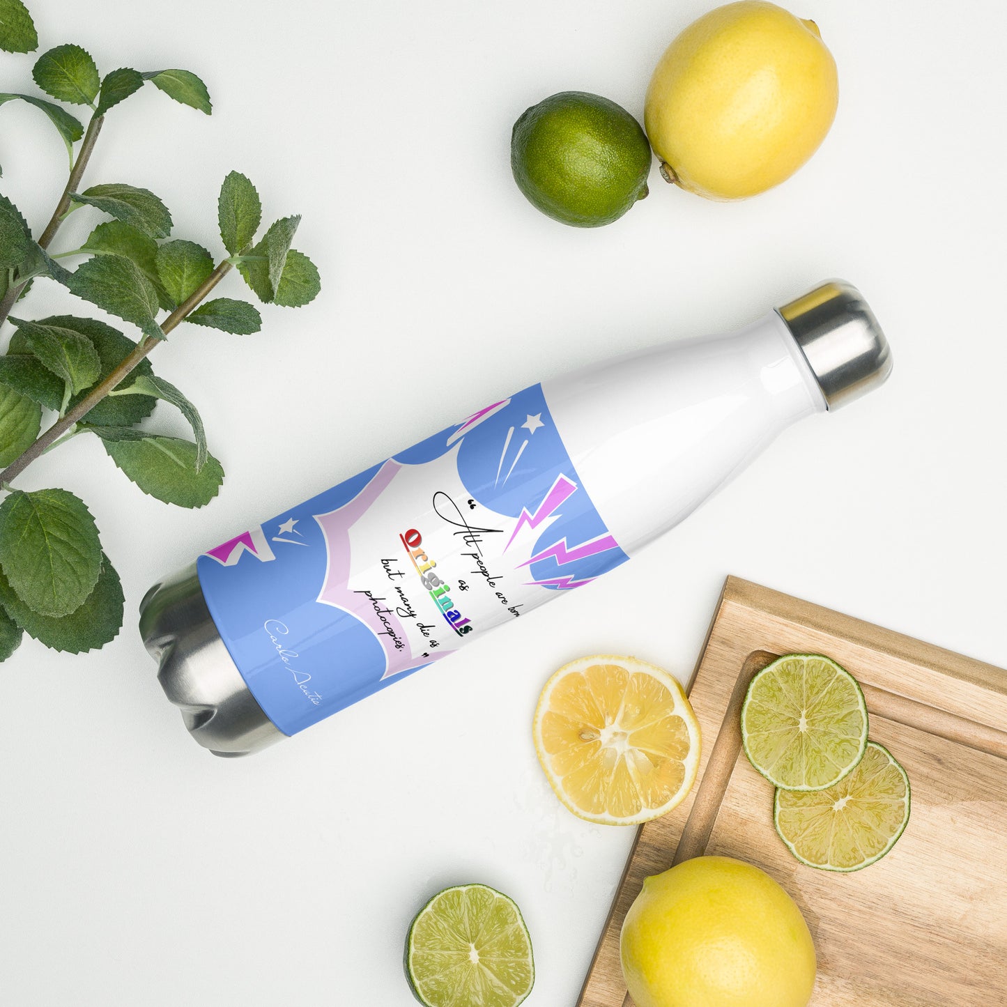 Bouteille Isotherme en Acier Inoxydable – 500 ml – Citation de Carlo Acutis | “Tous naissent comme des originaux, mais beaucoup meurent comme des photocopies.” (bleu ciel - rose)
