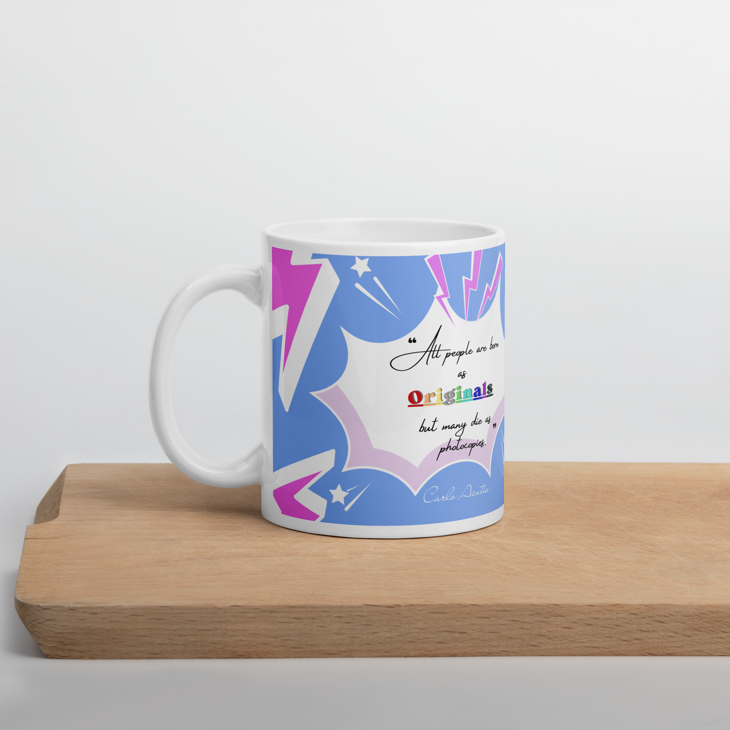 Carlo Acutis Christian Pop Mug (Bleu-Rose) - Droitier | Tasse à café catho inspirante – 11oz/15oz