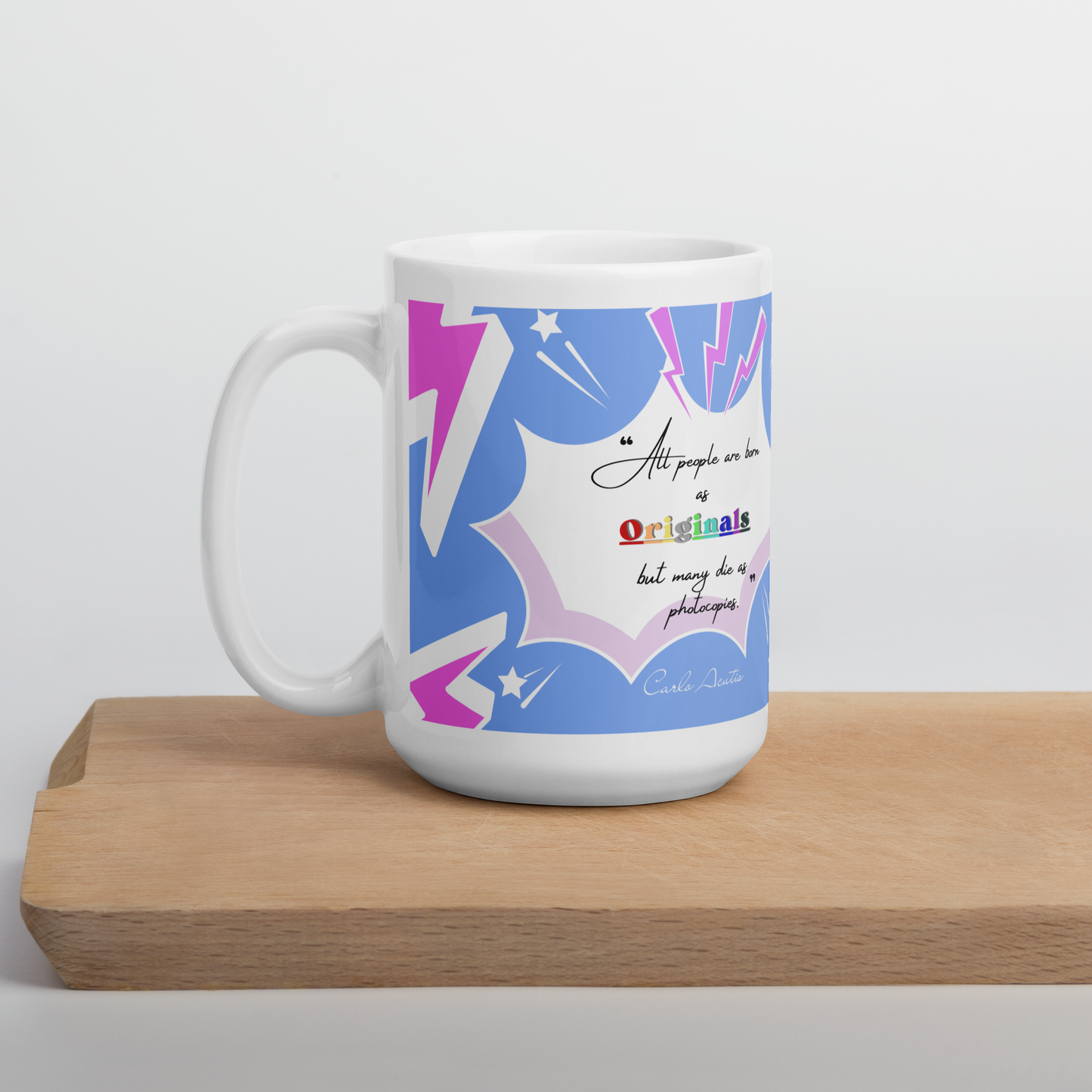 Carlo Acutis Christian Pop Mug (Bleu-Rose) - Droitier | Tasse à café catho inspirante – 11oz/15oz