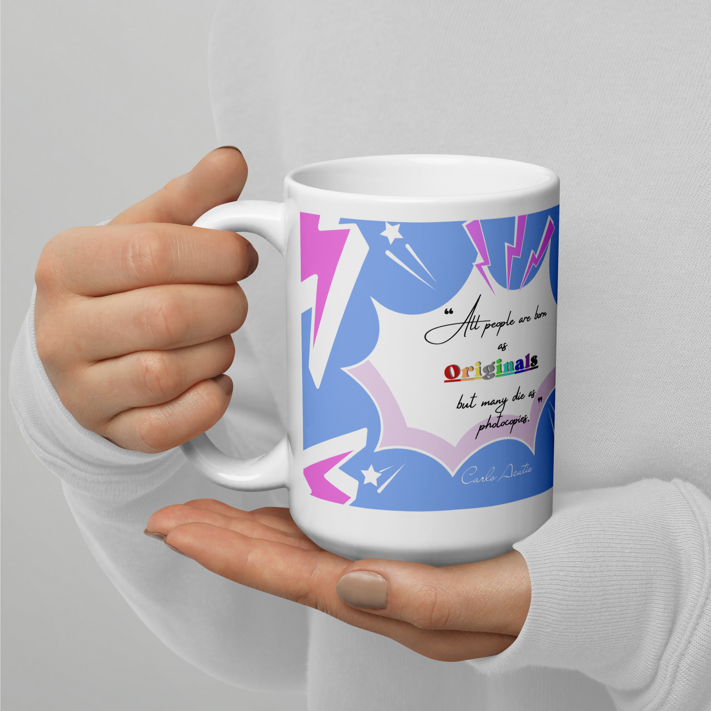 Carlo Acutis Christian Pop Mug (Bleu-Rose) - Droitier | Tasse à café catho inspirante – 11oz/15oz
