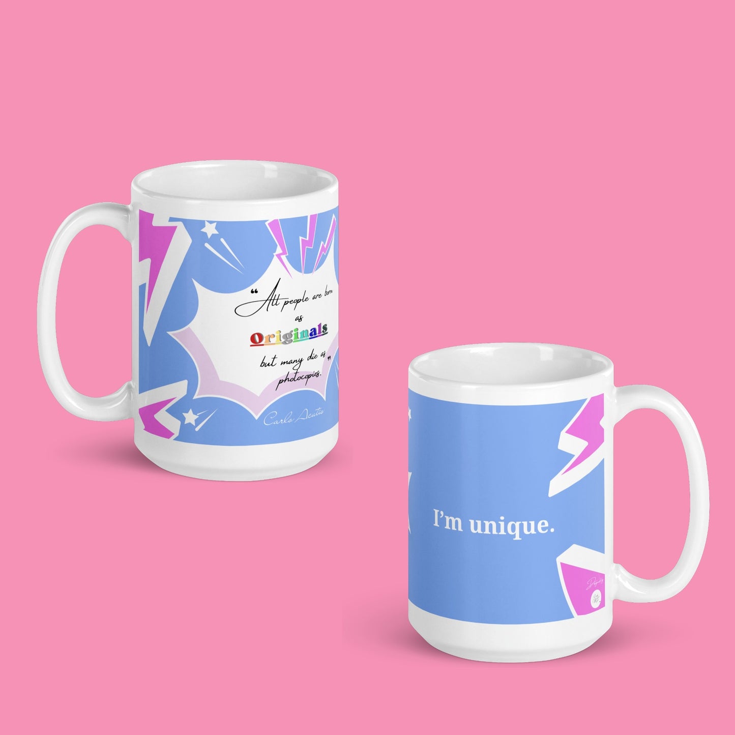 Carlo Acutis Christian Pop Mug (Bleu-Rose) - Droitier | Tasse à café catho inspirante – 11oz/15oz