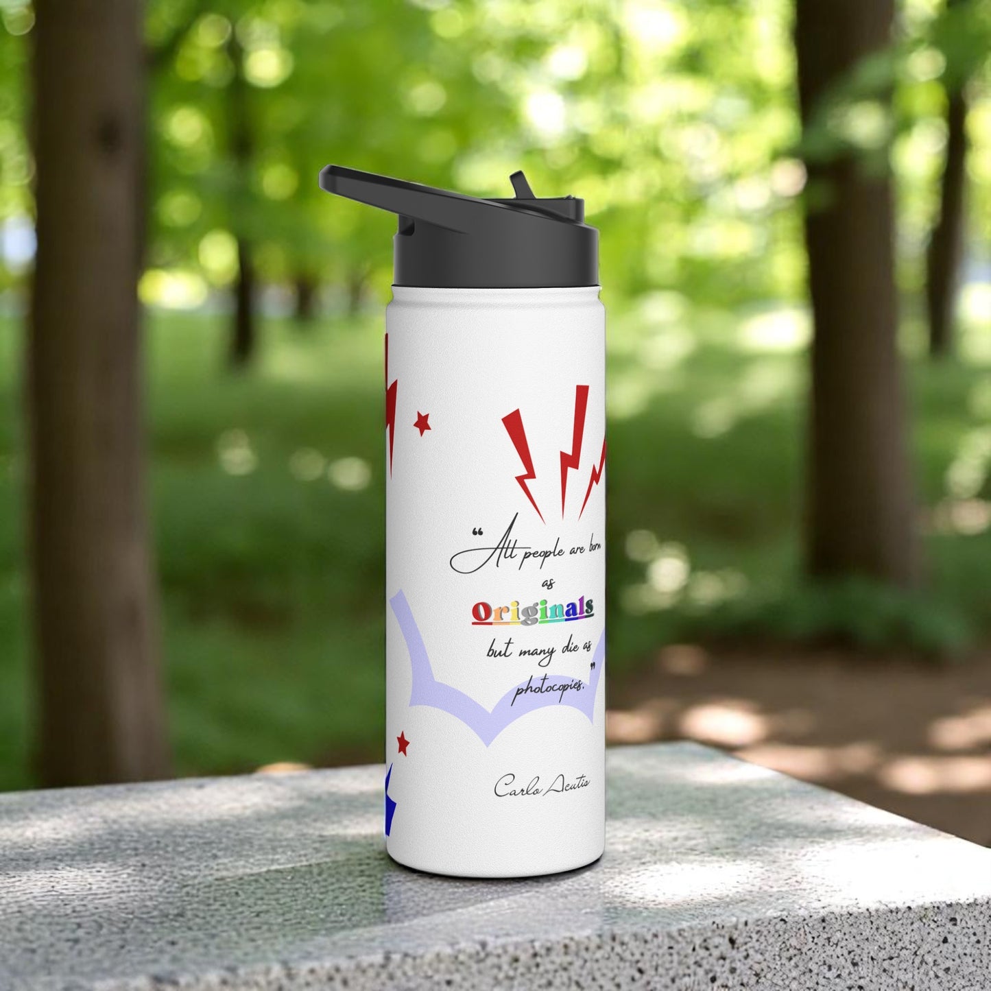 Carlo Acutis Stainless Steel Water Bottle – Sport (12oz to 32 oz) | “All people are born as originals but many die as photocopies.”