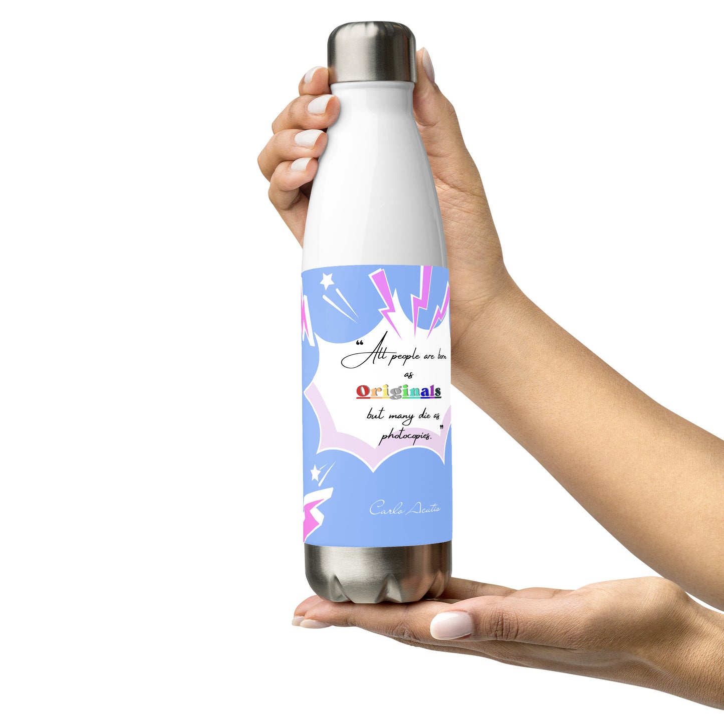 Bouteille Isotherme en Acier Inoxydable – 500 ml – Citation de Carlo Acutis | “Tous naissent comme des originaux, mais beaucoup meurent comme des photocopies.” (bleu ciel - rose)
